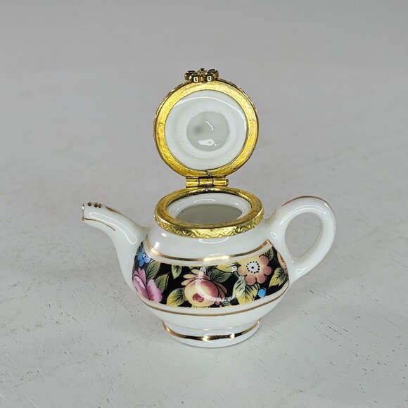 Miniature Floral Porcelain Teapot Trinket Box With Gold Trim - Picture 6 of 8